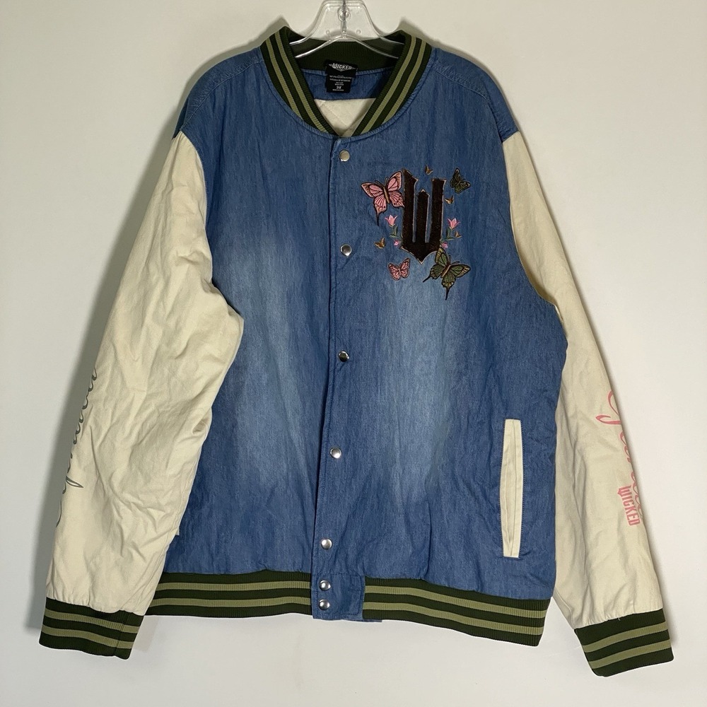 Box Lunch Wicked Bomber Jacket Unisex 3X Denim Varsity Elphaba Glinda Quilted